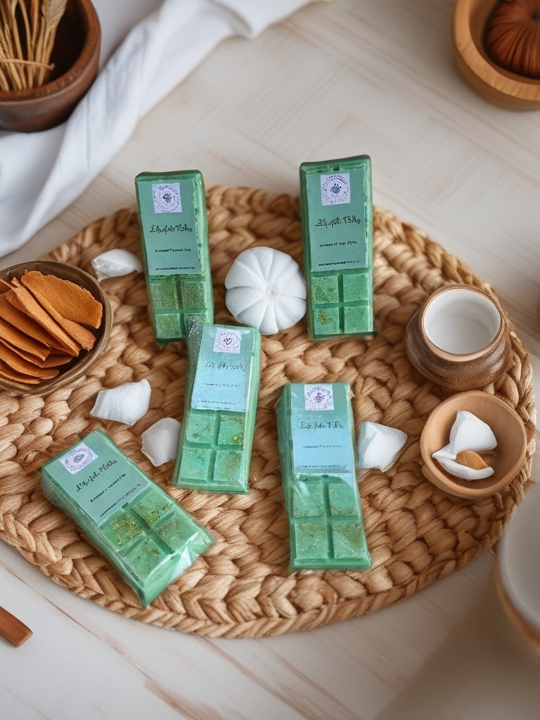 Lily of the Valley wax melts on a woven tray with ceramic bowls and white stones.