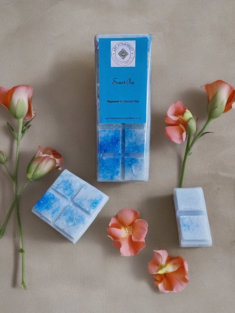 Blue wax melts with packaging on a beige surface with flowers